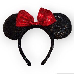 Disney Parks Minnie Mouse Headband Classic Red Bow Black Ears Sequin Sparkle